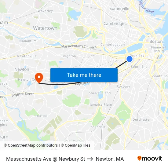 Massachusetts Ave @ Newbury St to Newton, MA map