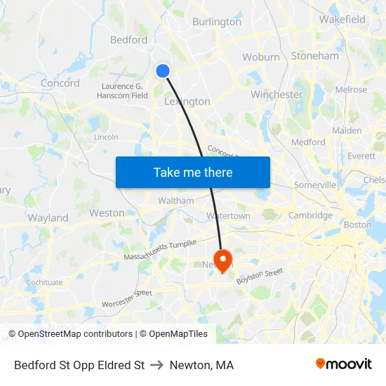 Bedford St Opp Eldred St to Newton, MA map