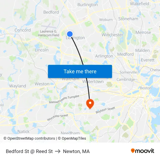Bedford St @ Reed St to Newton, MA map