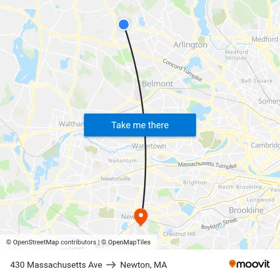 430 Massachusetts Ave to Newton, MA map