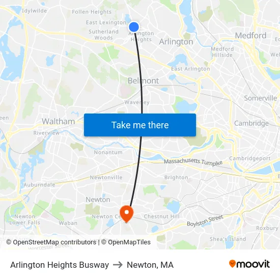 Arlington Heights Busway to Newton, MA map