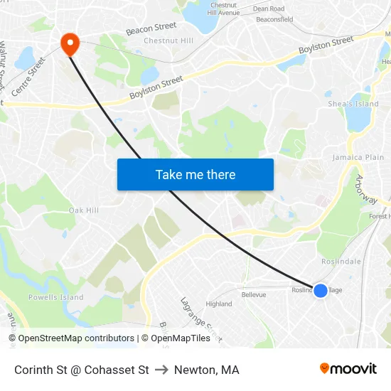 Corinth St @ Cohasset St to Newton, MA map