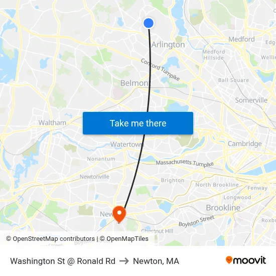 Washington St @ Ronald Rd to Newton, MA map