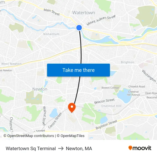 Watertown Sq Terminal to Newton, MA map