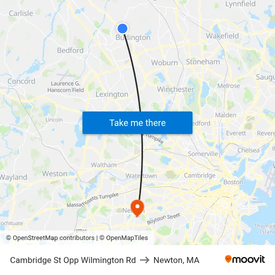 Cambridge St Opp Wilmington Rd to Newton, MA map