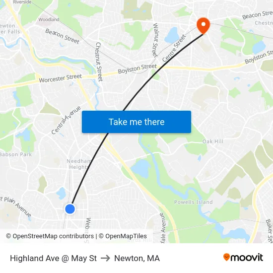 Highland Ave @ May St to Newton, MA map