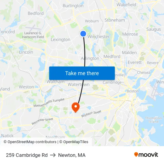 259 Cambridge Rd to Newton, MA map