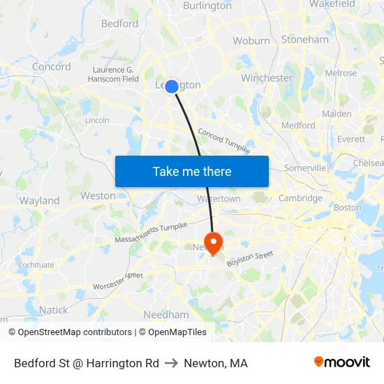 Bedford St @ Harrington Rd to Newton, MA map