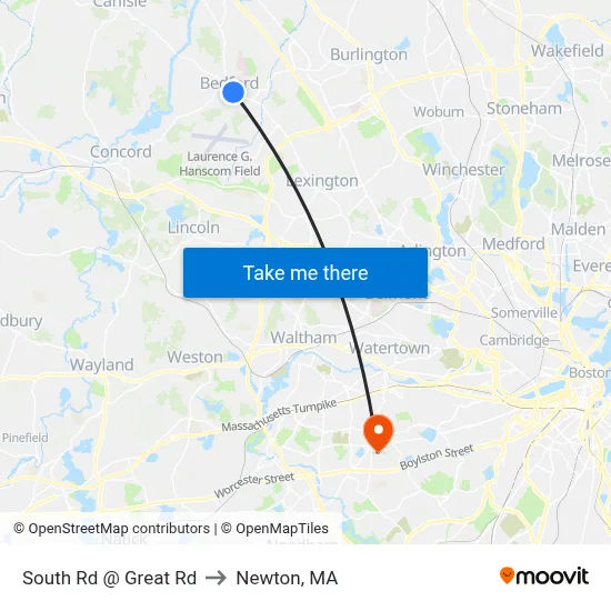 South Rd @ Great Rd to Newton, MA map