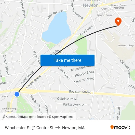 Winchester St @ Centre St to Newton, MA map