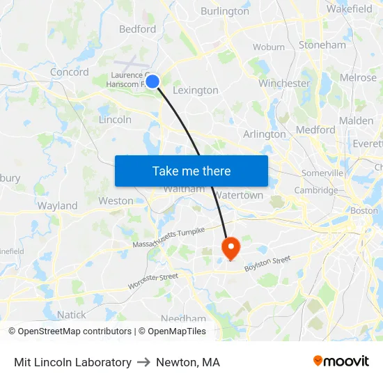 Mit Lincoln Laboratory to Newton, MA map