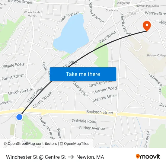Winchester St @ Centre St to Newton, MA map
