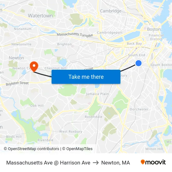 Massachusetts Ave @ Harrison Ave to Newton, MA map