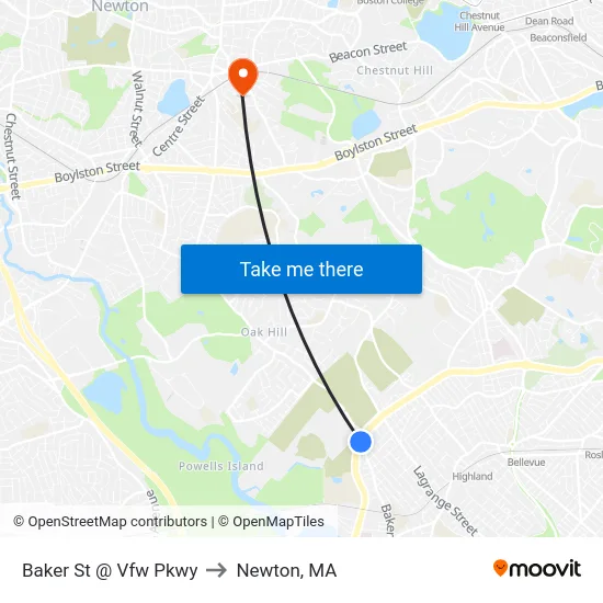 Baker St @ Vfw Pkwy to Newton, MA map