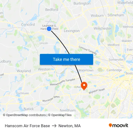 Hanscom Air Force Base to Newton, MA map
