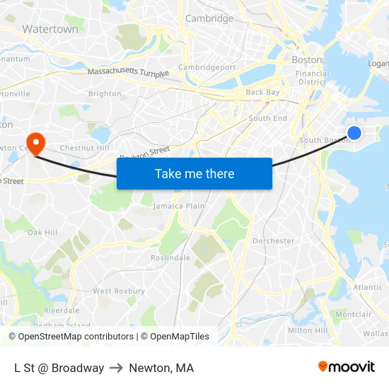 L St @ Broadway to Newton, MA map