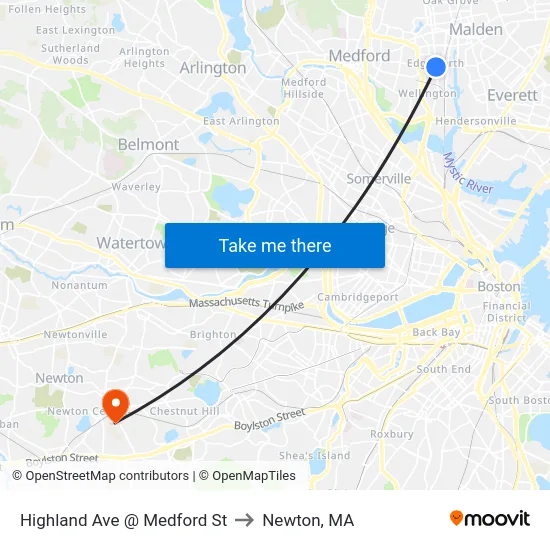 Highland Ave @ Medford St to Newton, MA map