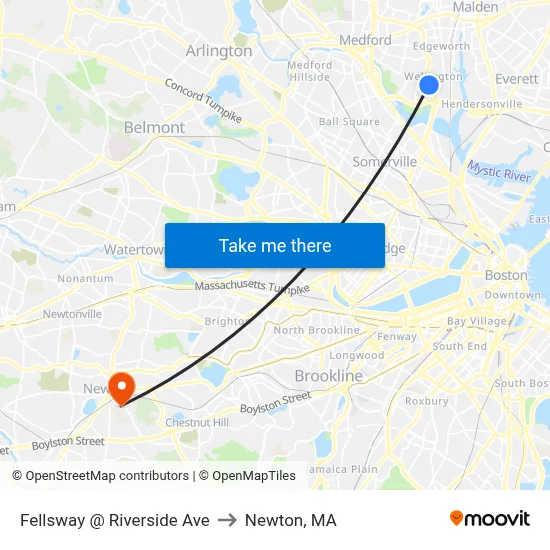 Fellsway @ Riverside Ave to Newton, MA map