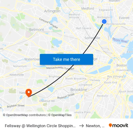 Fellsway @ Wellington Circle Shopping Ctr to Newton, MA map