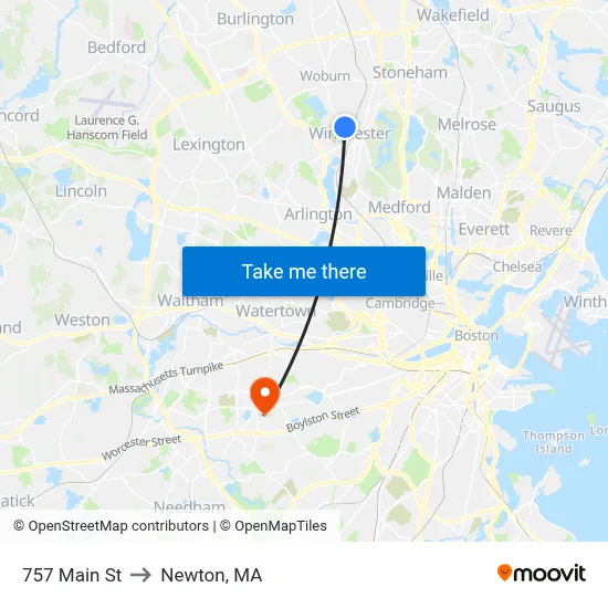 757 Main St to Newton, MA map