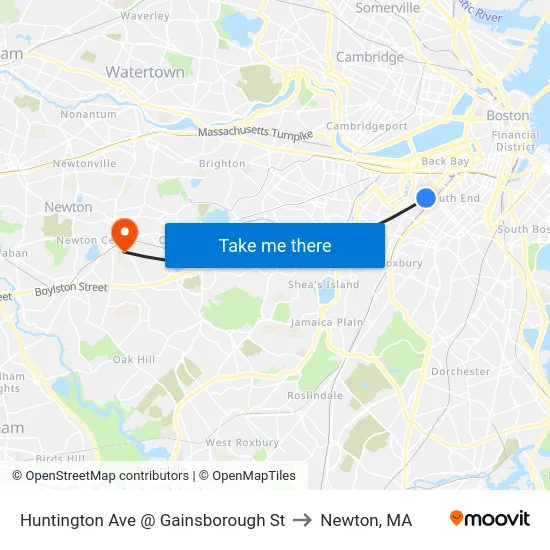 Huntington Ave @ Gainsborough St to Newton, MA map