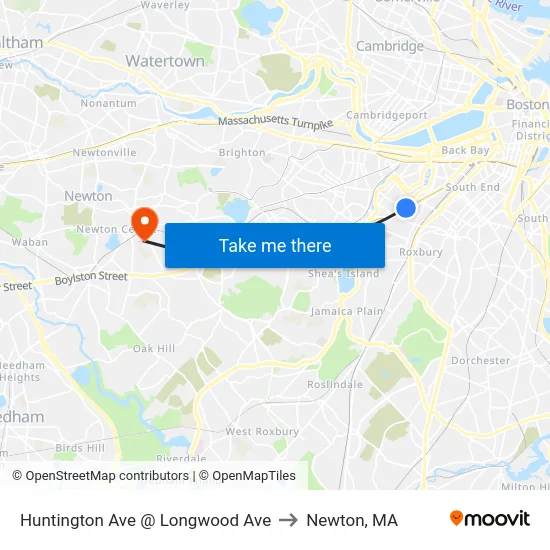 Huntington Ave @ Longwood Ave to Newton, MA map