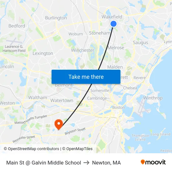 Main St @ Galvin Middle School to Newton, MA map