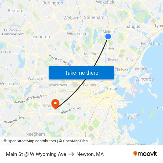 Main St @ W Wyoming Ave to Newton, MA map