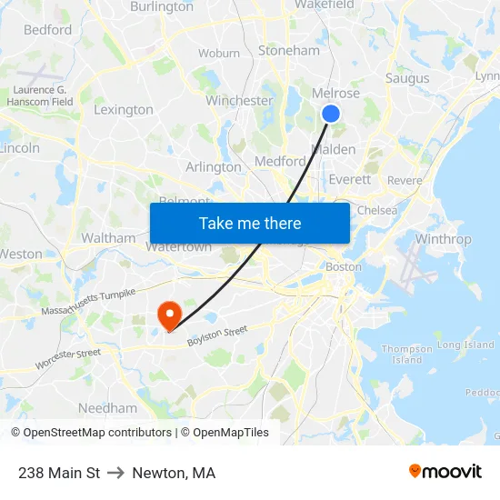 238 Main St to Newton, MA map