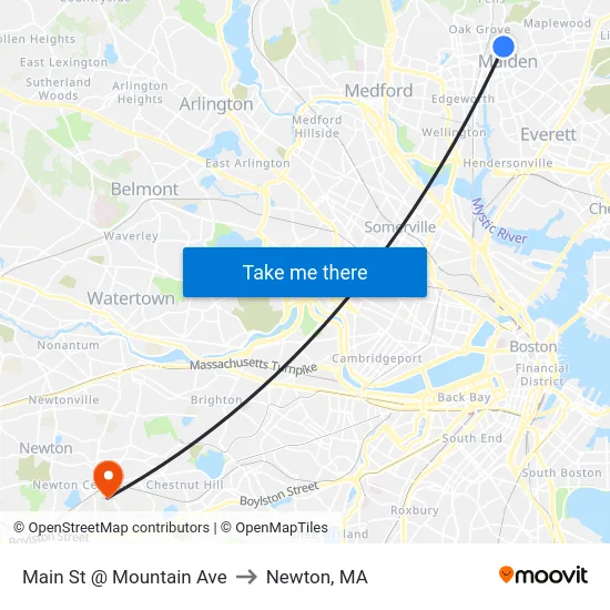 Main St @ Mountain Ave to Newton, MA map