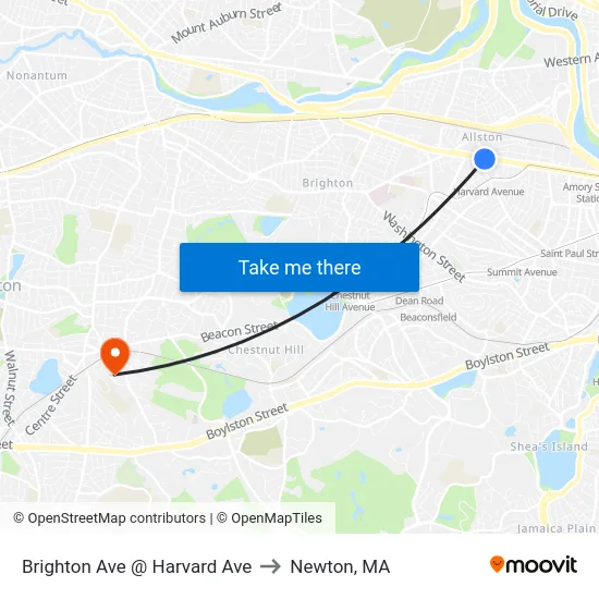 Brighton Ave @ Harvard Ave to Newton, MA map