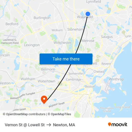 Vernon St @ Lowell St to Newton, MA map