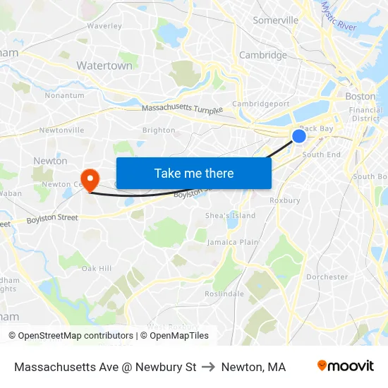 Massachusetts Ave @ Newbury St to Newton, MA map