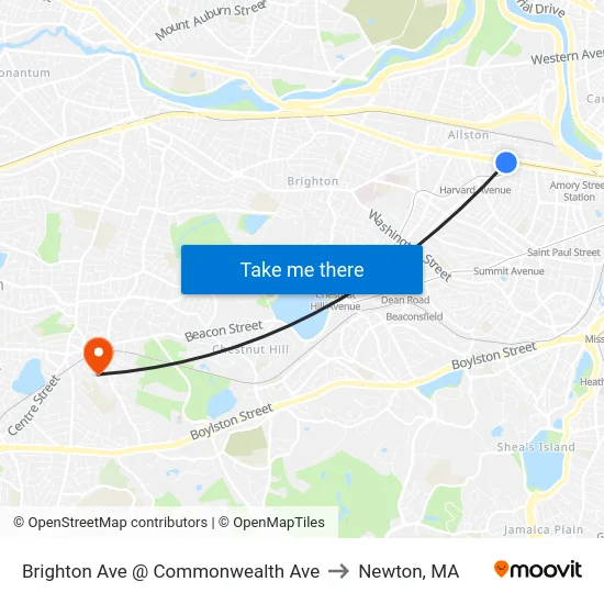 Brighton Ave @ Commonwealth Ave to Newton, MA map