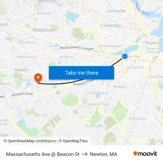 Massachusetts Ave @ Beacon St to Newton, MA map