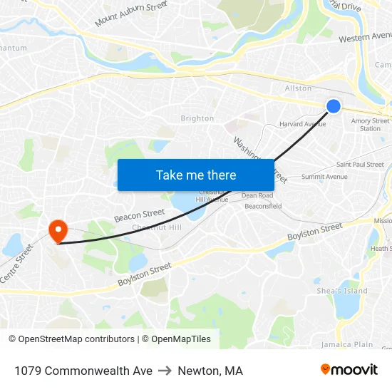 1079 Commonwealth Ave to Newton, MA map