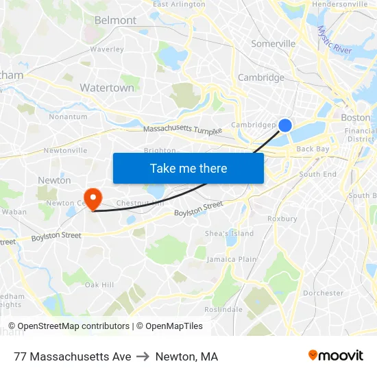 77 Massachusetts Ave to Newton, MA map