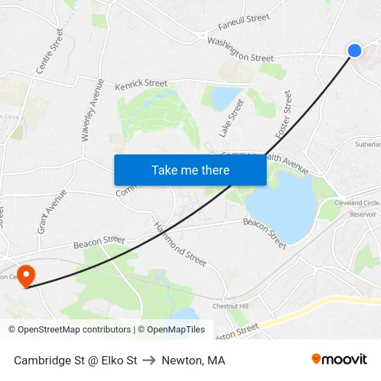 Cambridge St @ Elko St to Newton, MA map