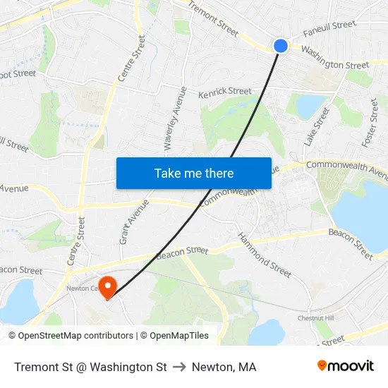 Tremont St @ Washington St to Newton, MA map