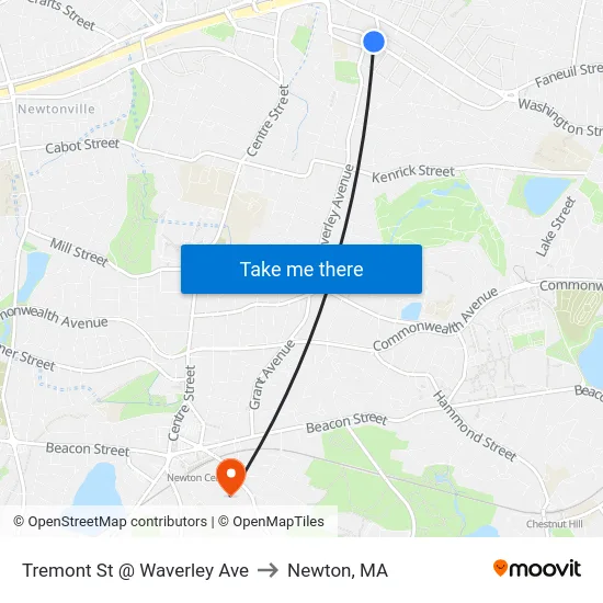 Tremont St @ Waverley Ave to Newton, MA map