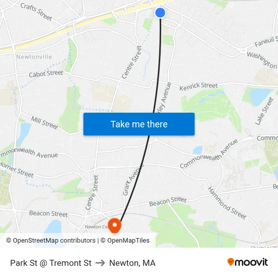 Park St @ Tremont St to Newton, MA map