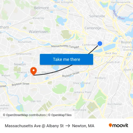Massachusetts Ave @ Albany St to Newton, MA map