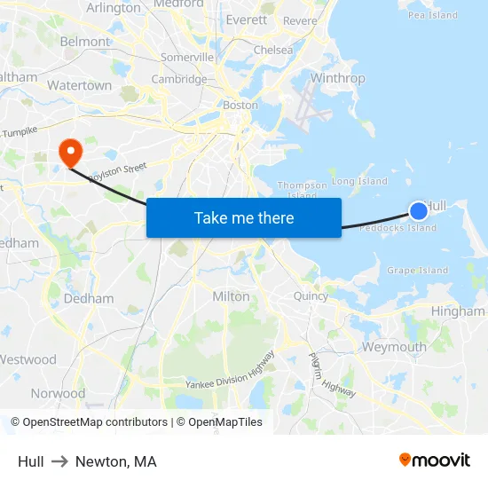 Hull to Newton, MA map