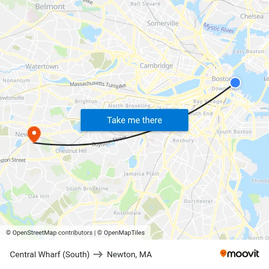 Central Wharf (South) to Newton, MA map