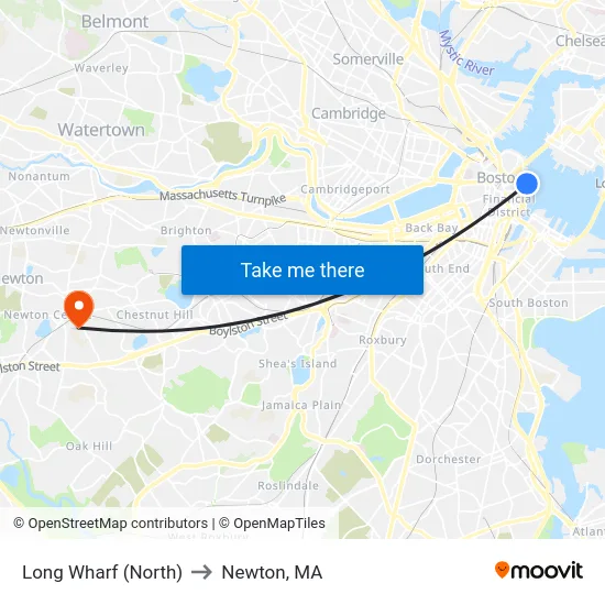 Long Wharf (North) to Newton, MA map