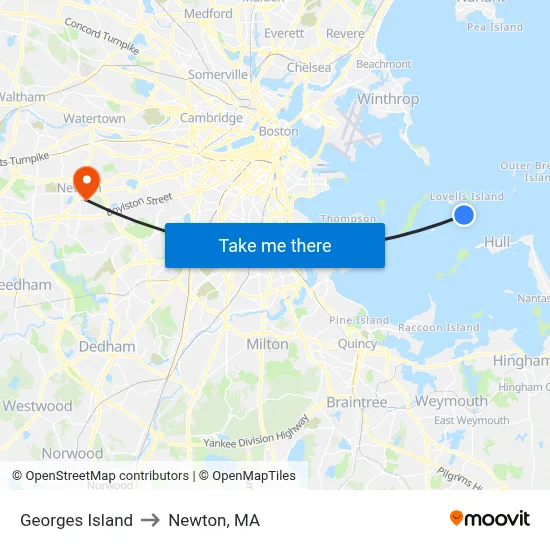 Georges Island to Newton, MA map