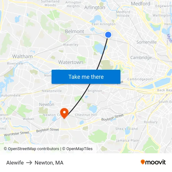 Alewife to Newton, MA map
