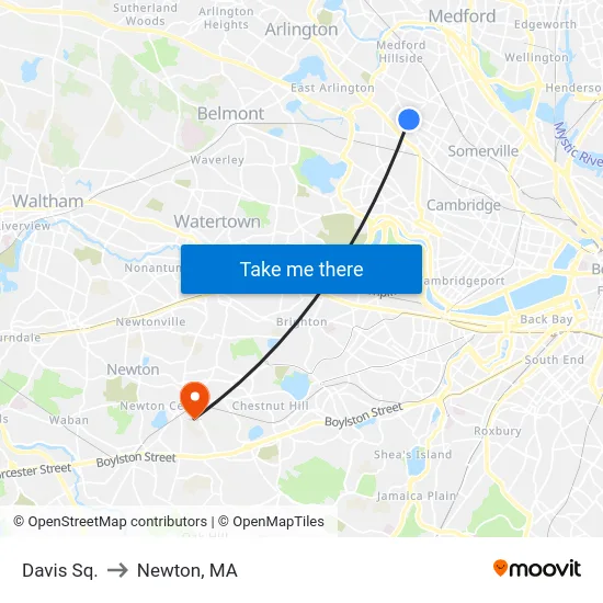 Davis Sq. to Newton, MA map