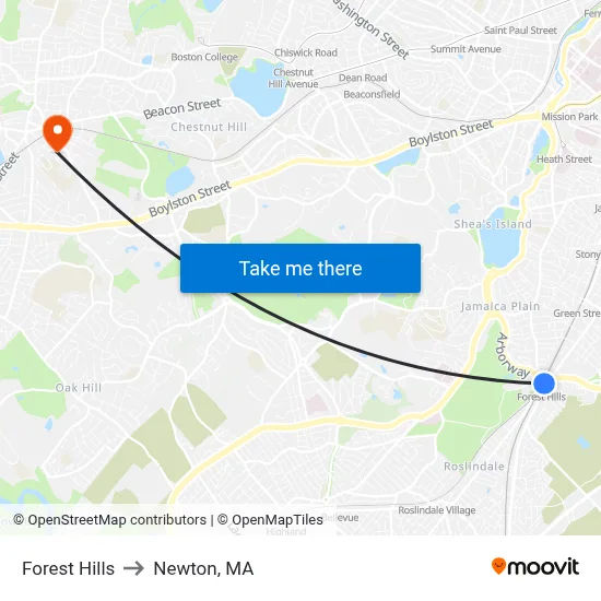 Forest Hills to Newton, MA map