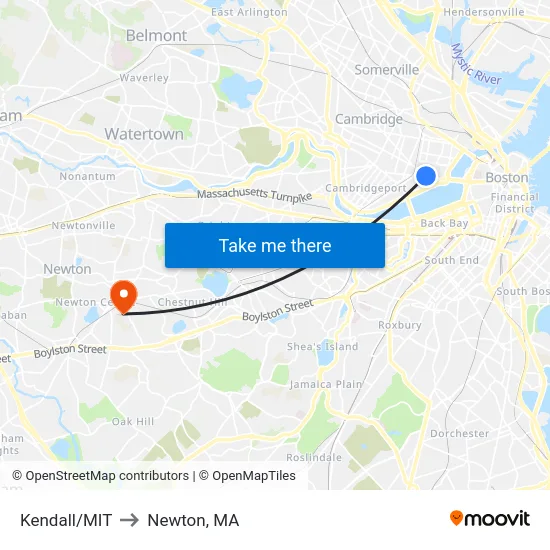 Kendall/MIT to Newton, MA map